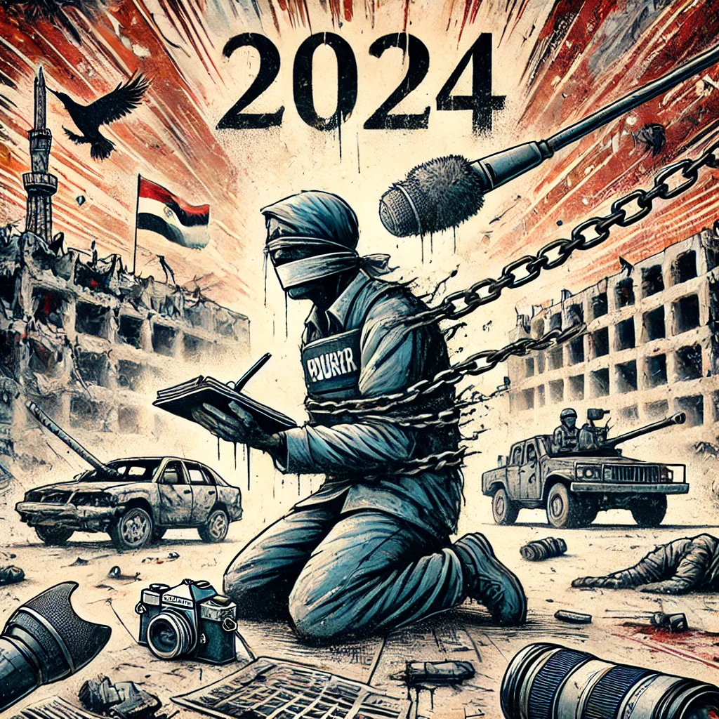 dall·e 2024 09 30 15.27.29 an expressive image depicting 2024 as a year marked by unprecedented violations against journalists in arab conflict zones. the design features an abs