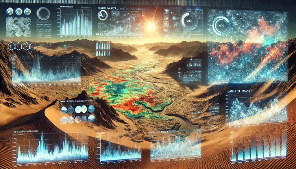 dall·e 2024 12 31 16.46.54 a visually striking representation of spatiotemporal drought assessment in arid lands using geospatial artificial intelligence geoai and satellite i